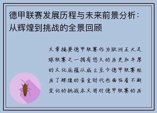 德甲联赛发展历程与未来前景分析：从辉煌到挑战的全景回顾