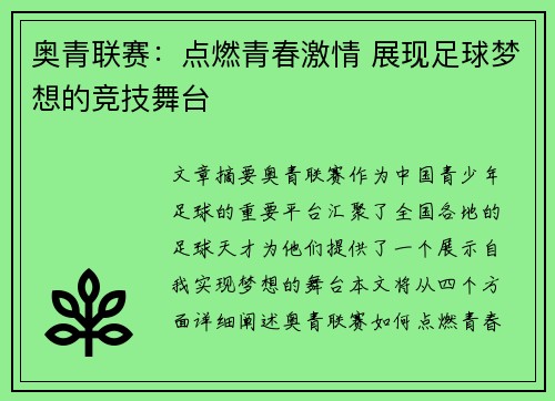奥青联赛：点燃青春激情 展现足球梦想的竞技舞台