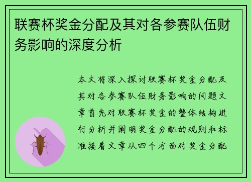 联赛杯奖金分配及其对各参赛队伍财务影响的深度分析